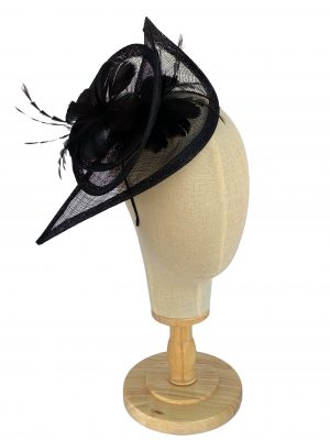 Black Large Curled Sinamay Fascinator With Double Feather Flower