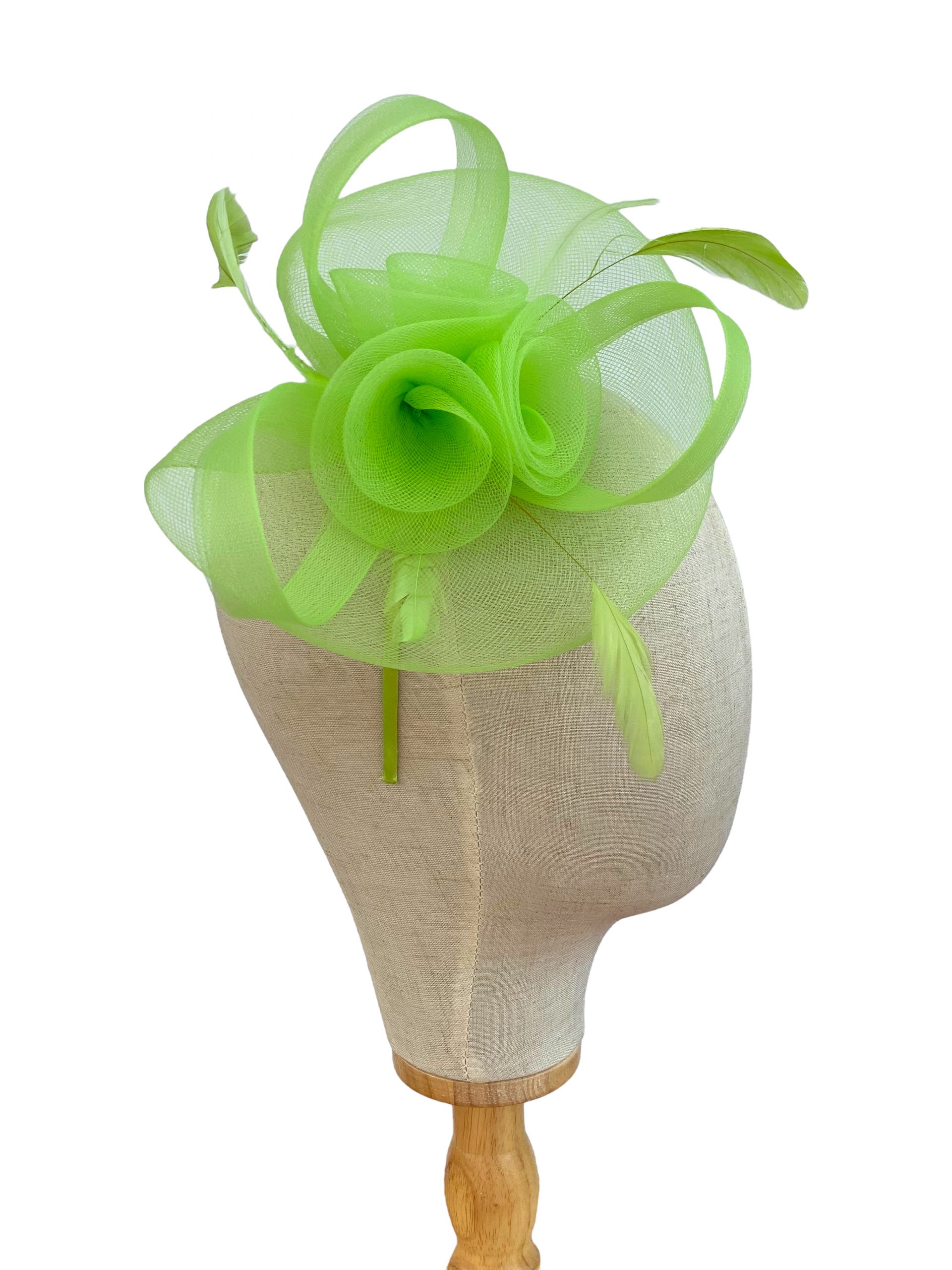Lime Green Fascinator Mesh Loops 3 Flower Design