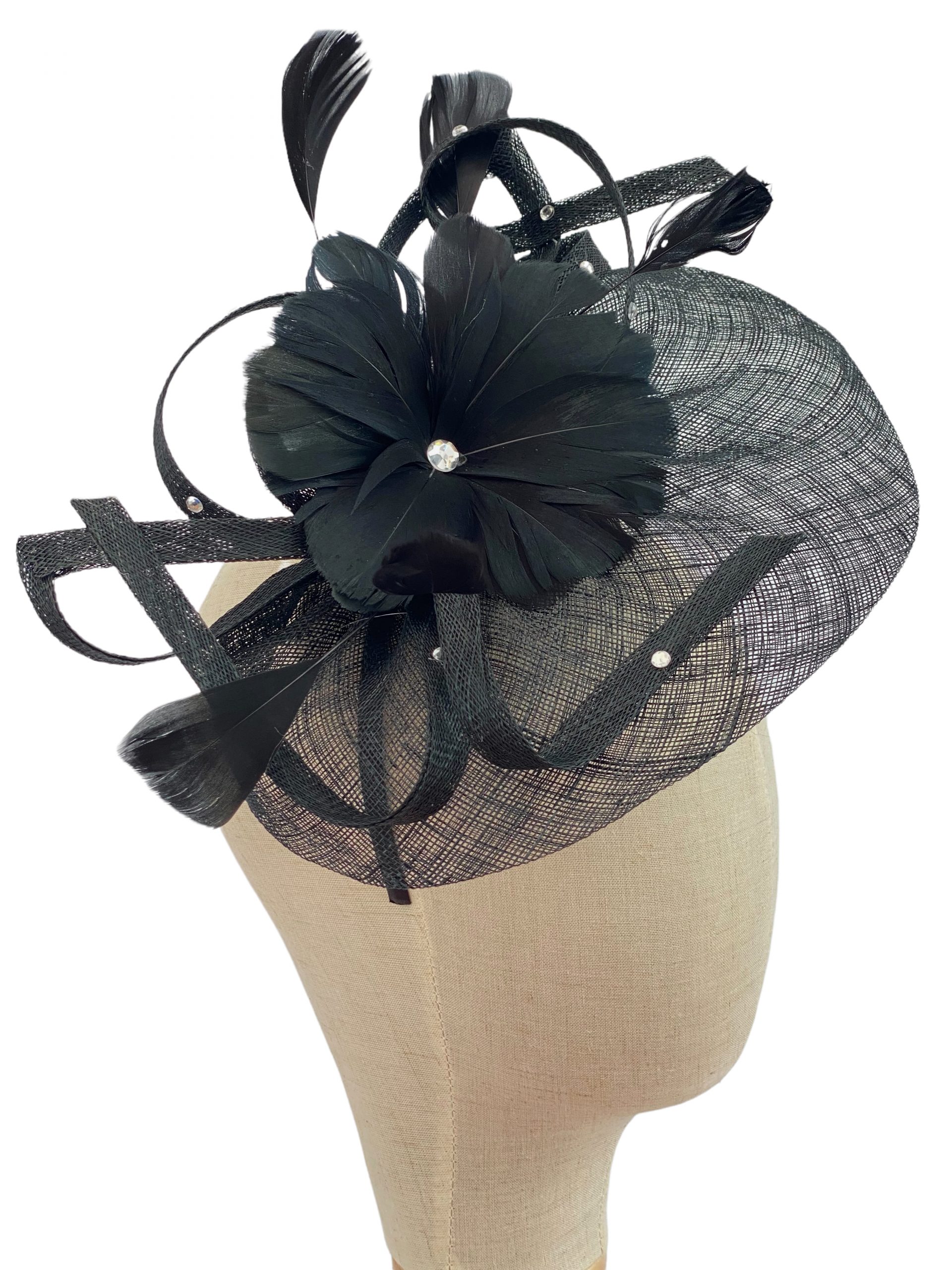 Black Sinamay Disc Fascinator Diamantes and Feathers