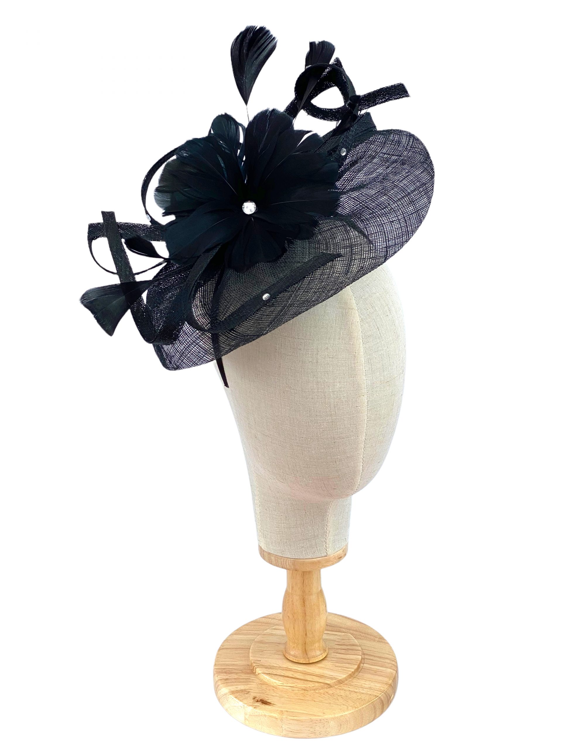 Black Sinamay Disc Fascinator Diamantes and Feathers