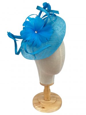Blue Fascinator With Sinamay Disc Diamantes and Feathers