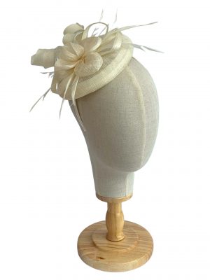 Cream Sinamay Disc Fascinator With Curls and Feathers