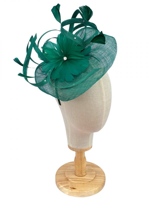Emerald Green Fascinator With Sinamay Disc Diamantes and Feathers