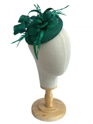 Emerald Green Sinamay Disc Fascinator With Curls and Feathers