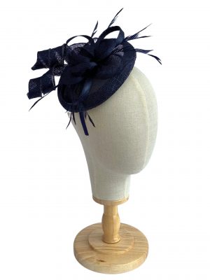 Navy Blue Sinamay Disc Fascinator With Curls and Feathers