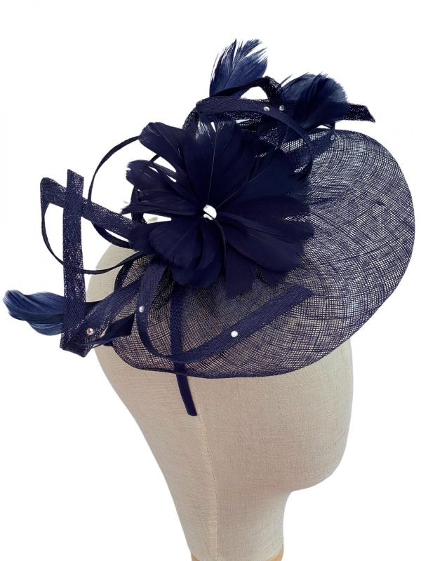 Navy Sinamay Disc Fascinator Diamantes and Feathers Fascinator