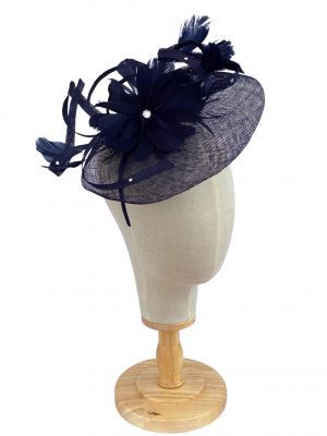 Navy Fascinator With Sinamay Disc Diamantes and Feathers