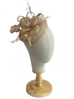 Nude Sinamay Disc Fascinator With Curls and Feathers