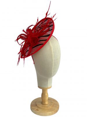 Red Zebra Stripe Sinamay Fascinator With Feathers