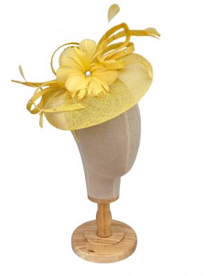 Yellow Fascinator With Sinamay Disc Diamantes and Feathers