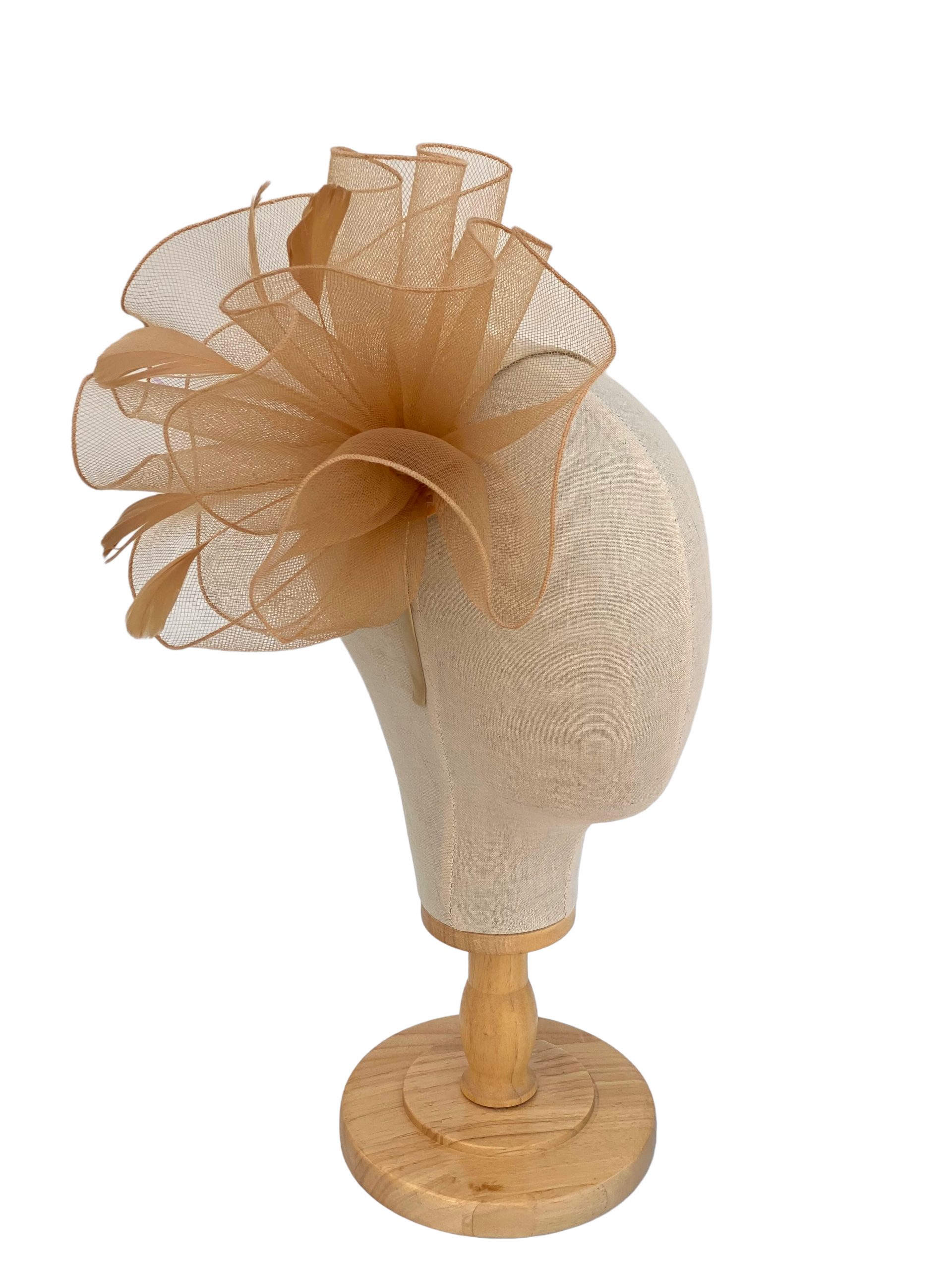 Khaki Large Curled Fascinator With Feathers