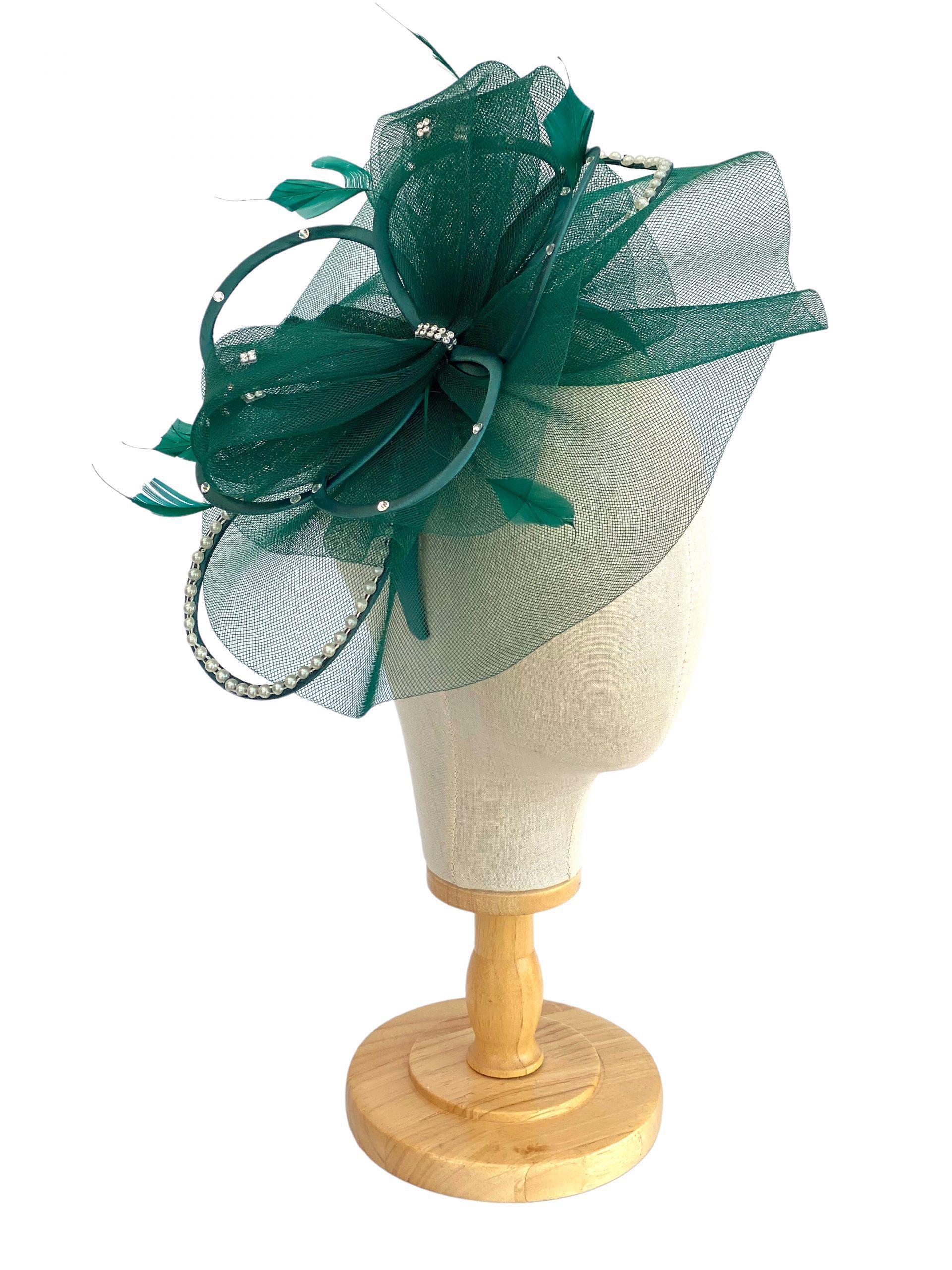 Large Dark Green Fascinator With Pearl Loops