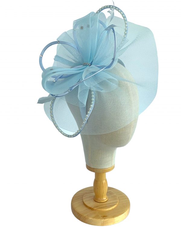 Large Pale Blue Fascinator With Pearl Loops