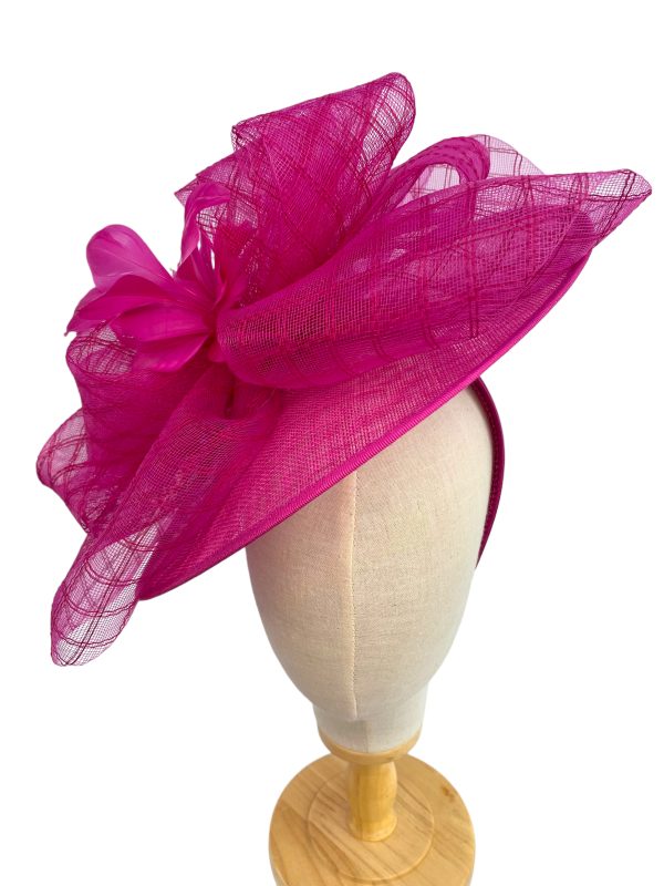 Large Bright Pink Cerise Sinamay Fascinator With Mesh Veil