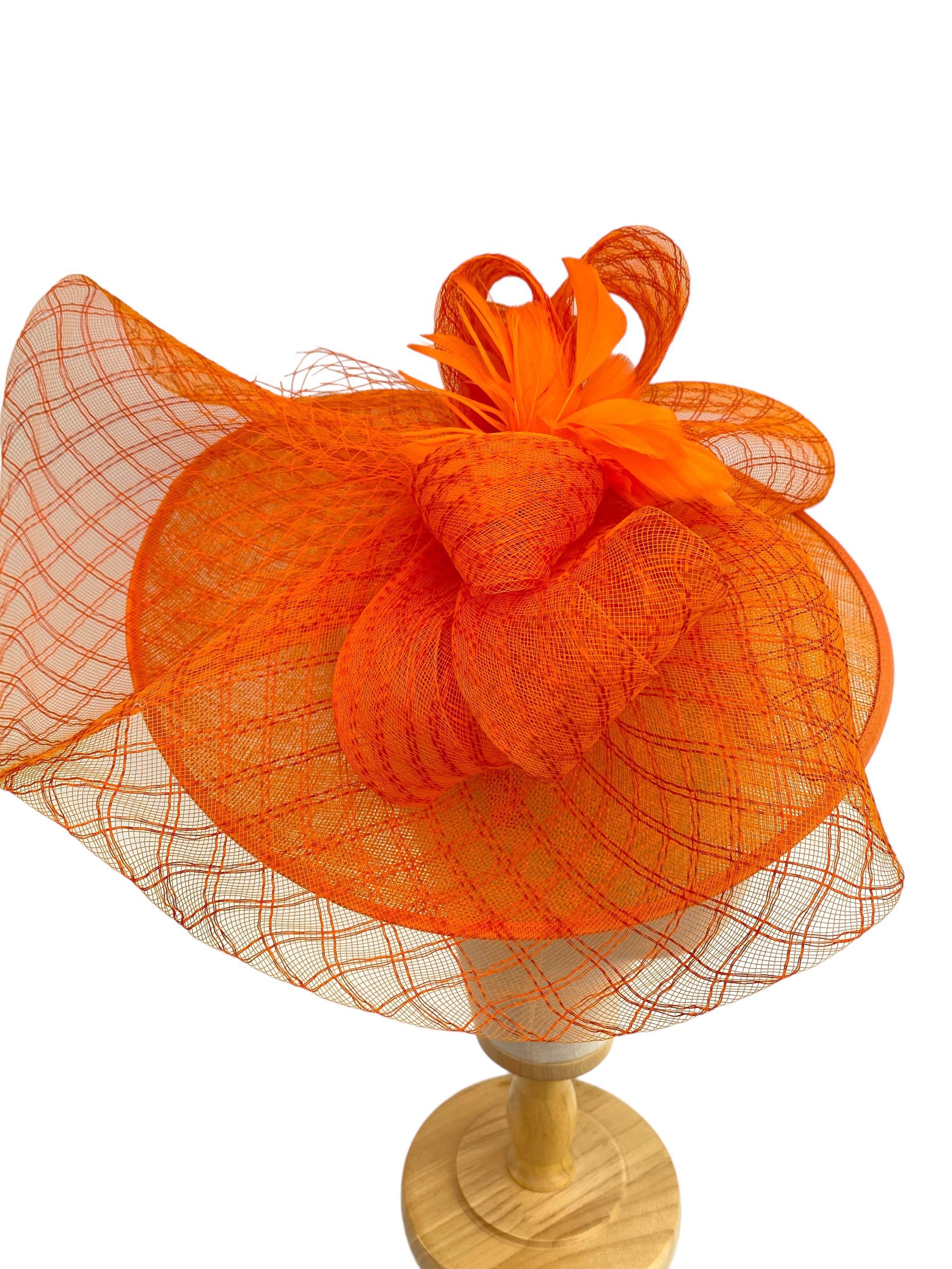Large Orange Sinamay Fascinator Hatinator With Mesh Veil