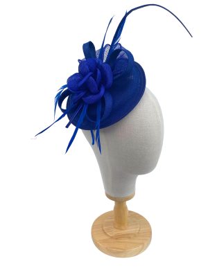 Royal Blue Sinamay Disk Fascinator With Feathers