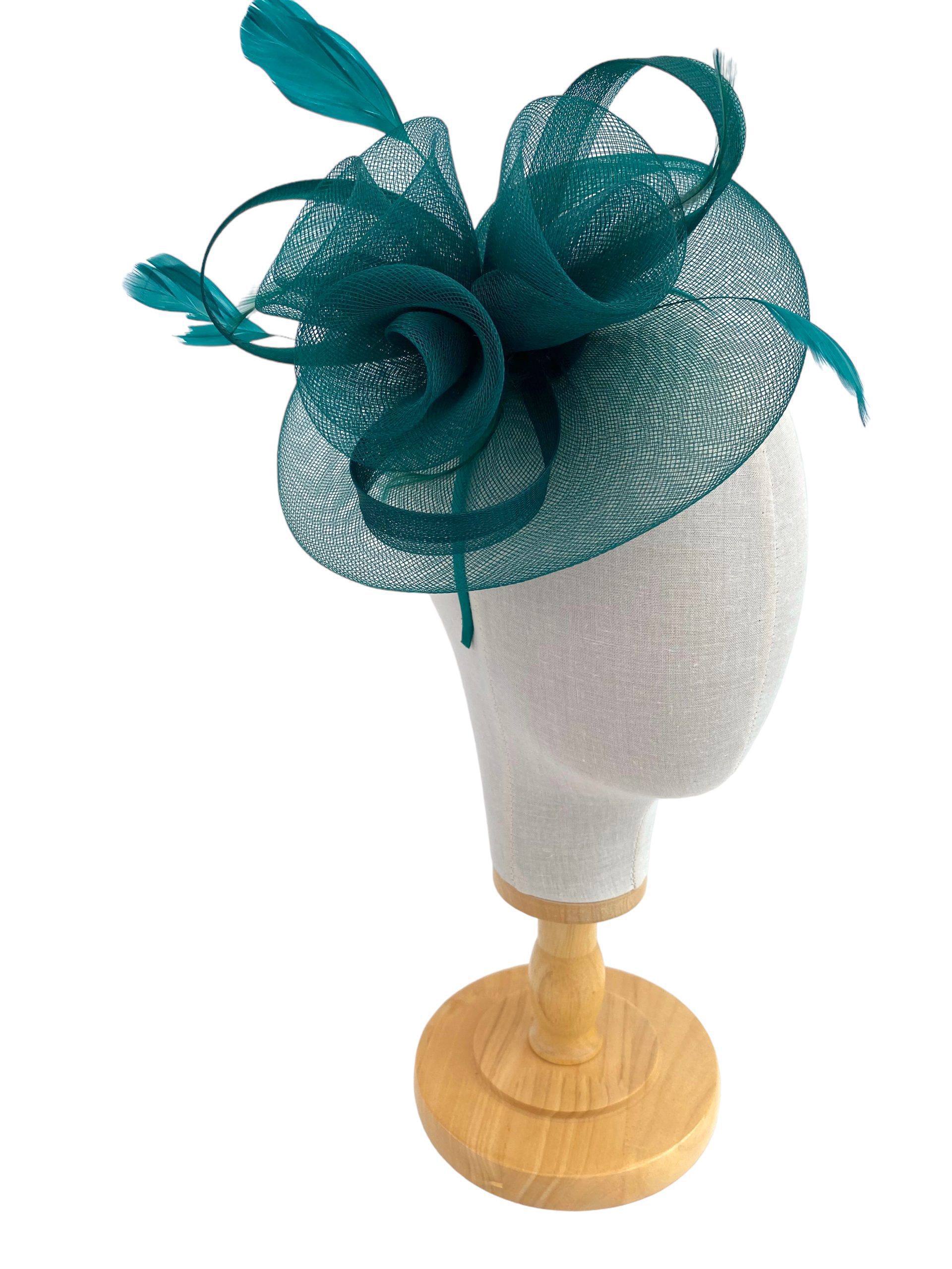 Bottle Green Fascinator Mesh Loops With 3 Flower Design