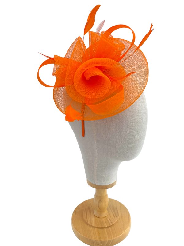 Orange Fascinator Mesh Loops With 3 Flower Design Fascinator