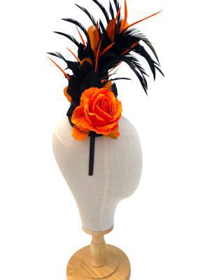 Black And Orange Rose Feather Curl Fascinator