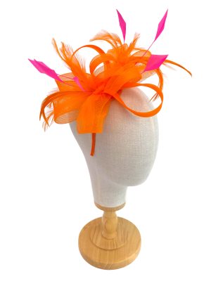 Orange Bow Fascinator With Pink Diamond Feathers