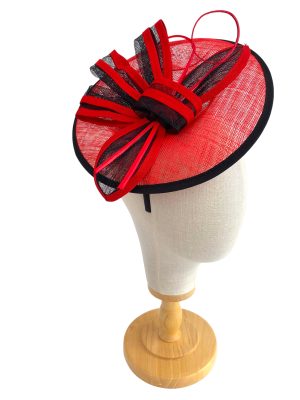 Red and Black Striped Bow Round Fascinator on Headband