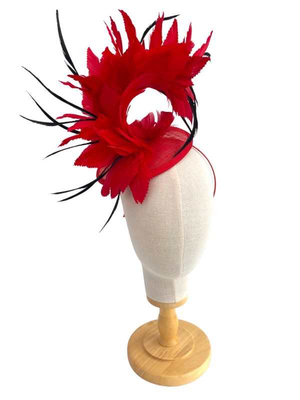 Red and Black Tall Feather Curl Fascinator With Clip and Headband Fascinator
