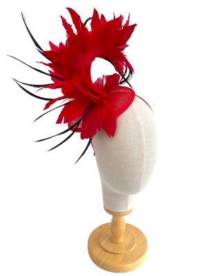 Red and Black Tall Feather Curl Fascinator With Clip and Headband