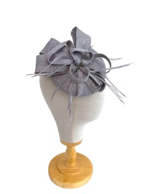 Grey Round Sinamay Fascinator With Loops And Feathers