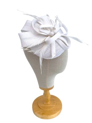 White Round Sinamay Fascinator With Loops Feathers