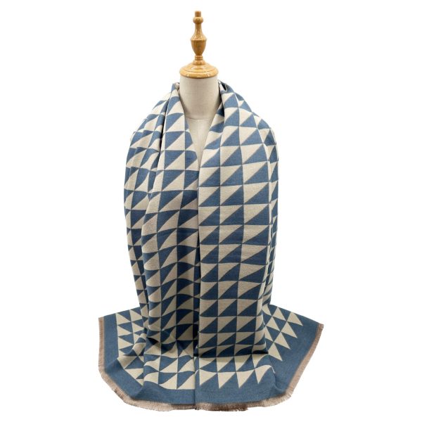 Blue and cream geometric pattern winter scarf