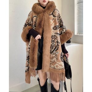 Womens Poncho With Brown Fur and Hood