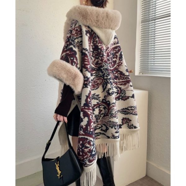 Womens Poncho With Cream Fur and Hood Fascinator