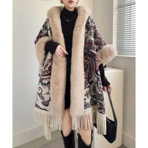 Womens Poncho With Cream Fur and Hood