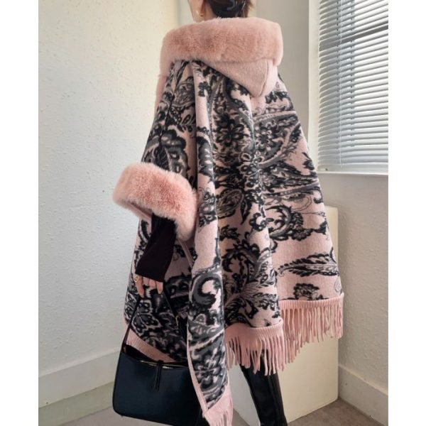 Womens Poncho With Pink Fur and Hood Fascinator