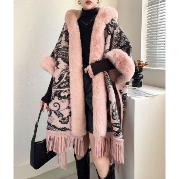 Womens Poncho With Pink Fur and Hood