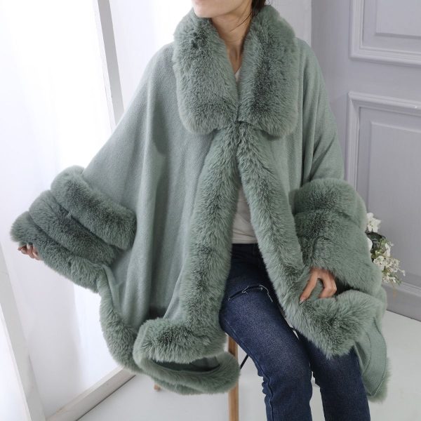 Womens Poncho With Olive Green Fur and Hood Fascinator