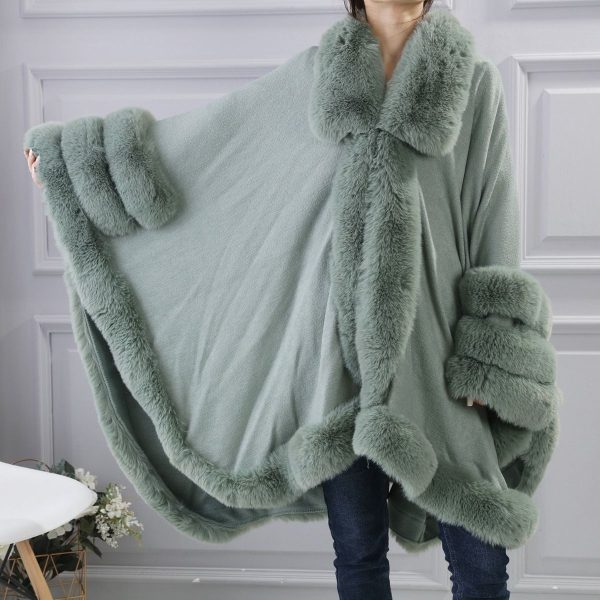 Womens Sage Poncho With Olive Green Fur and Hood